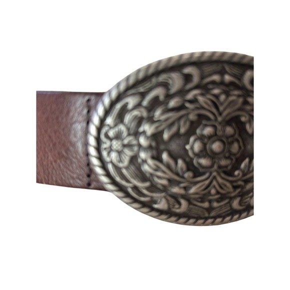Vtg EDDIE BAUER Pewter Floral Filigree Buckle Leather Belt Western Bloom L/XL main image 5